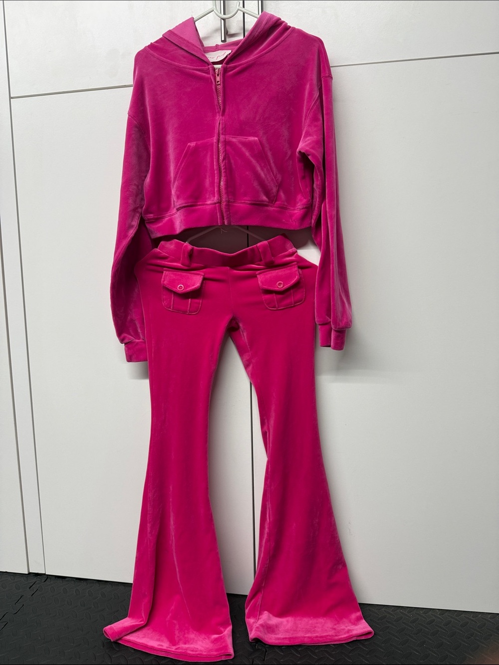 Pink Rose Hot Pink Velour Flare Pants and Cropped Hoodie Set
